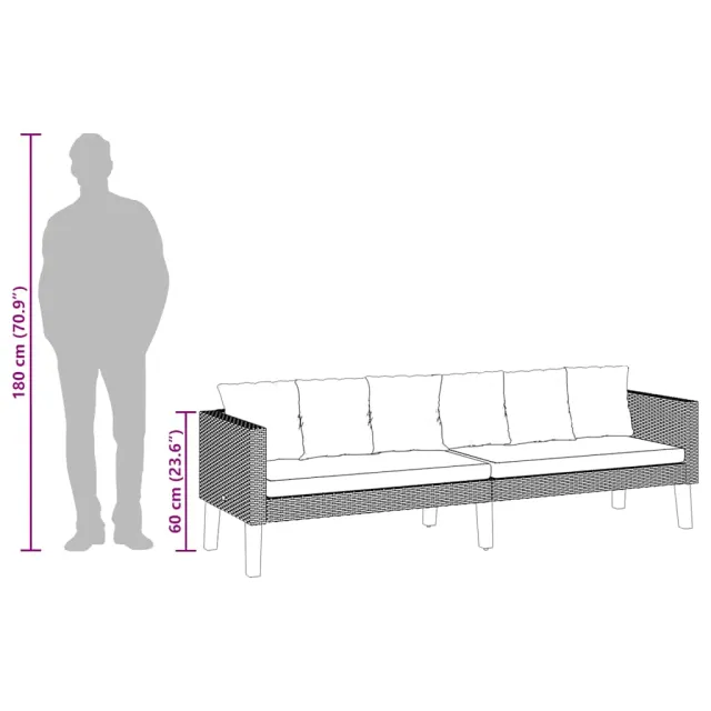 Canapé de jardin à 3 places avec coussins Résine tressée Noir