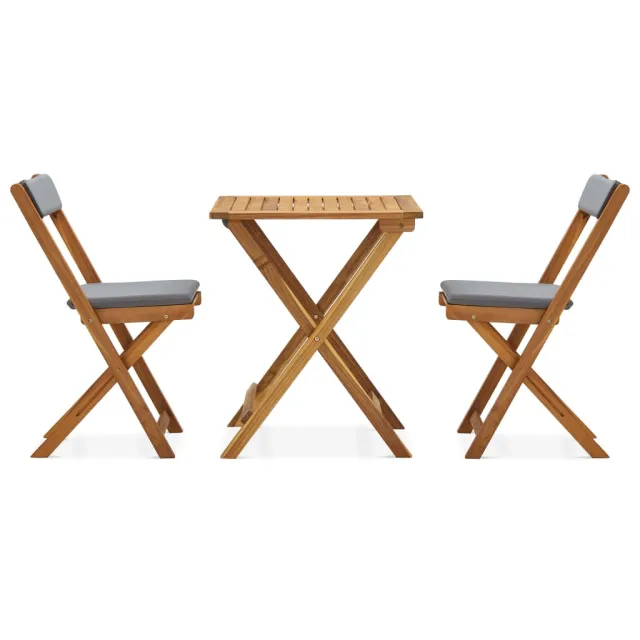 Ensemble de bistro pliable 3 pcs et coussins bois acacia solide