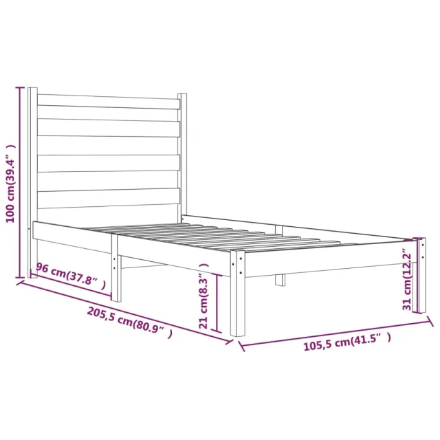 Cadre de lit sans matelas noir bois massif 100x200 cm