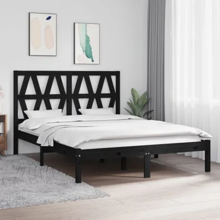 Cadre de lit sans matelas noir bois massif 140x190 cm