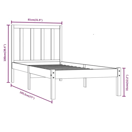 Cadre de lit sans matelas noir 75x190 cm bois de pin massif