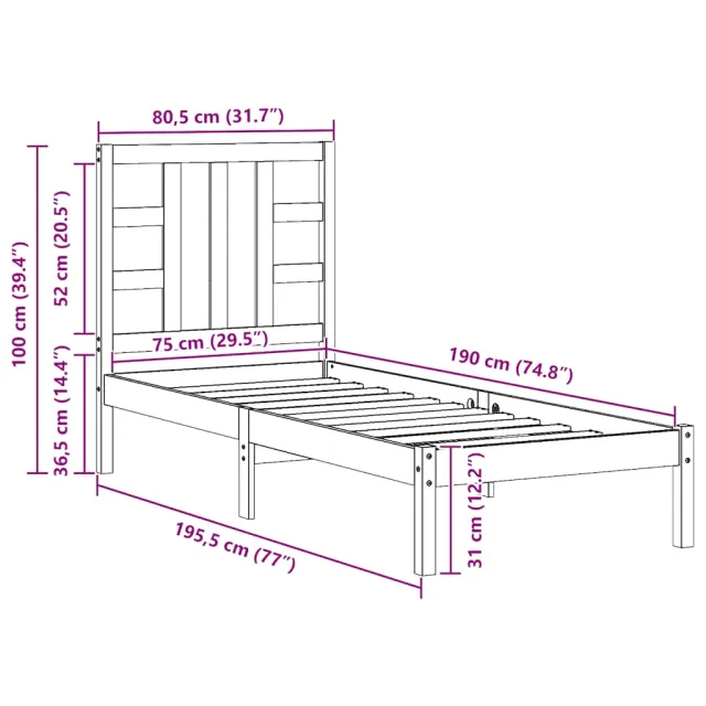 Cadre de lit sans matelas 75x190 cm bois massif