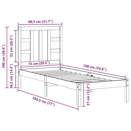 Cadre de lit sans matelas noir 75x190 cm bois massif