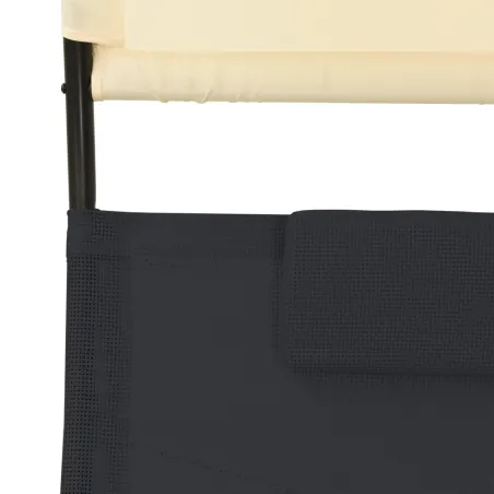Chaise longue double avec auvent textilène noir et crème