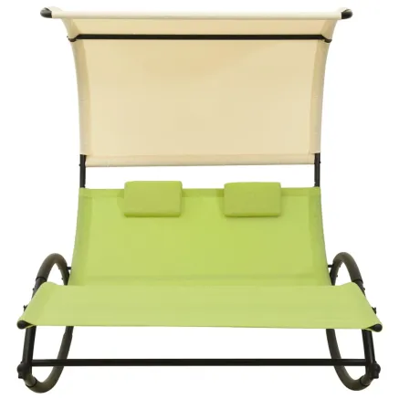 Chaise longue double avec auvent textilène vert et crème 2