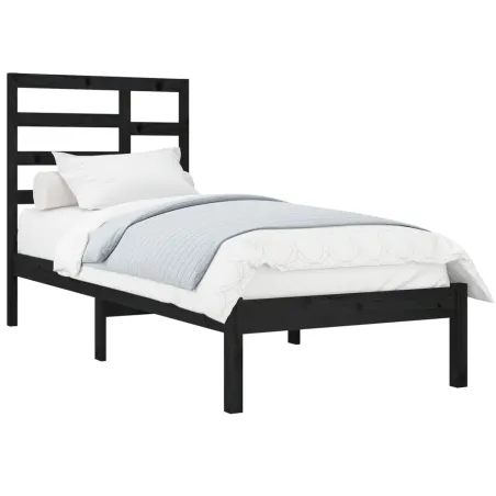 Cadre de lit sans matelas noir bois massif 75x190 cm