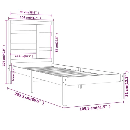 Cadre de lit sans matelas noir bois massif 100x200 cm
