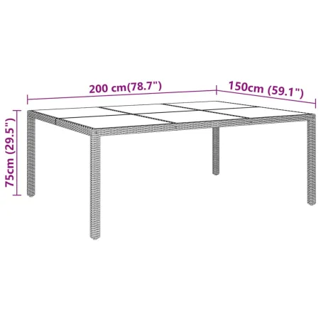 Table de jardin 200x150x75 cm Verre trempé/résine tressée Beige