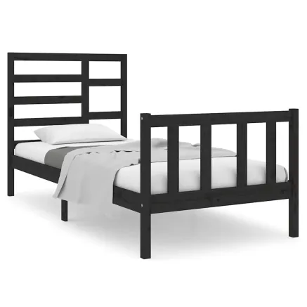 Cadre de lit sans matelas noir bois massif 75x190 cm 2
