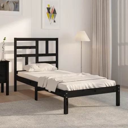 Cadre de lit sans matelas noir bois massif 75x190 cm