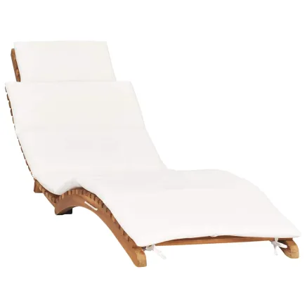 Chaise longue pliable avec coussin blanc crème Bois de teck