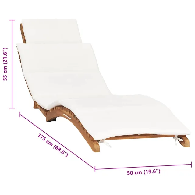 Chaise longue pliable avec coussin blanc crème Bois de teck