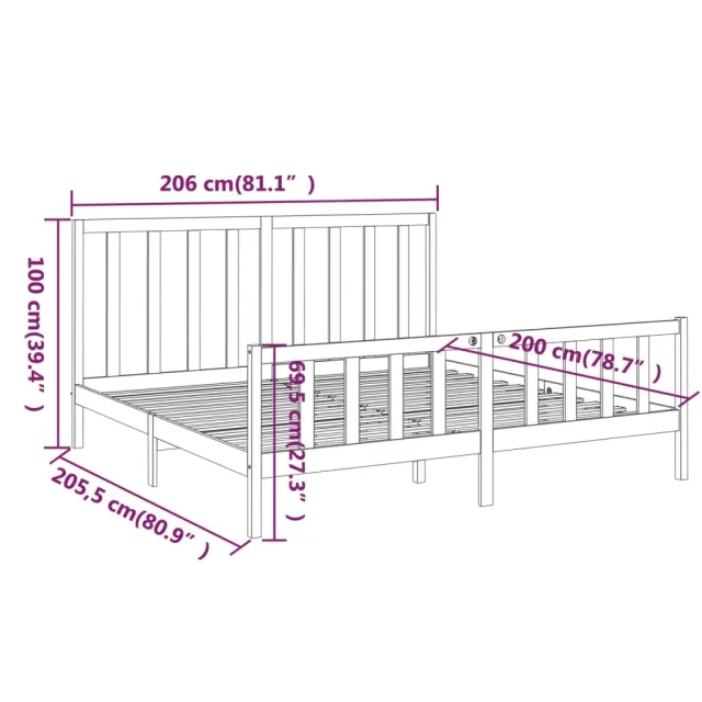 Cadre de lit sans matelas noir 200x200 cm bois massif de pin
