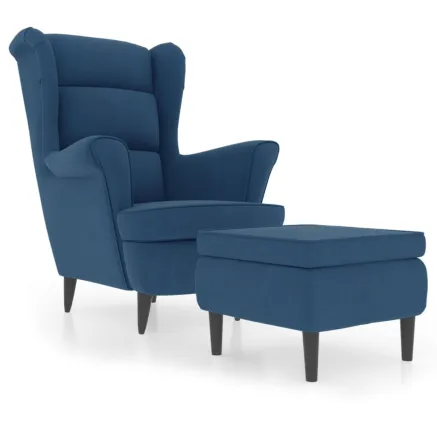 Fauteuil à oreilles avec tabouret bleu velours 2