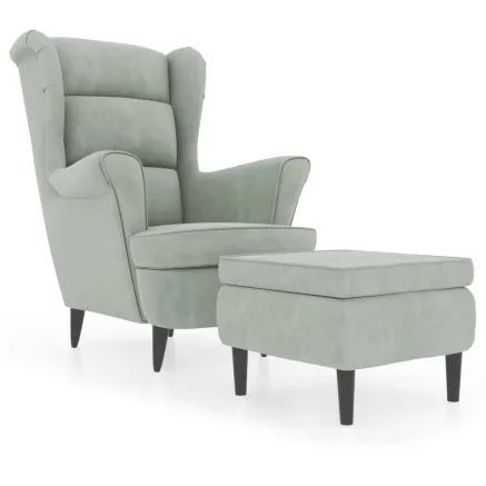 Fauteuil à oreilles avec tabouret gris clair velours 2