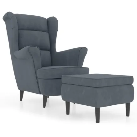 Fauteuil à oreilles avec tabouret gris foncé velours 2