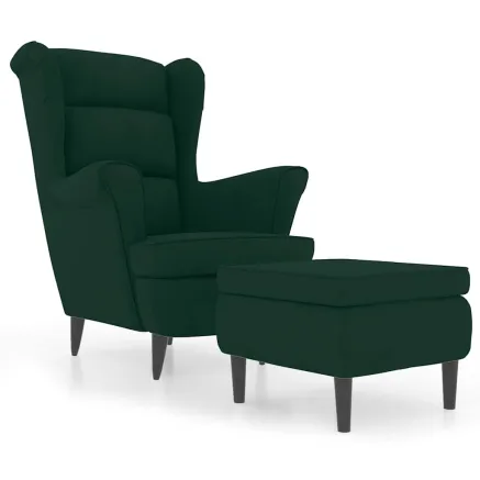 Fauteuil à oreilles avec tabouret vert foncé velours 2