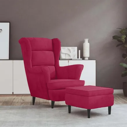 Fauteuil à oreilles avec tabouret bordeaux velours