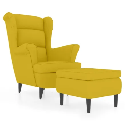 Fauteuil à oreilles avec tabouret jaune moutarde velours 2