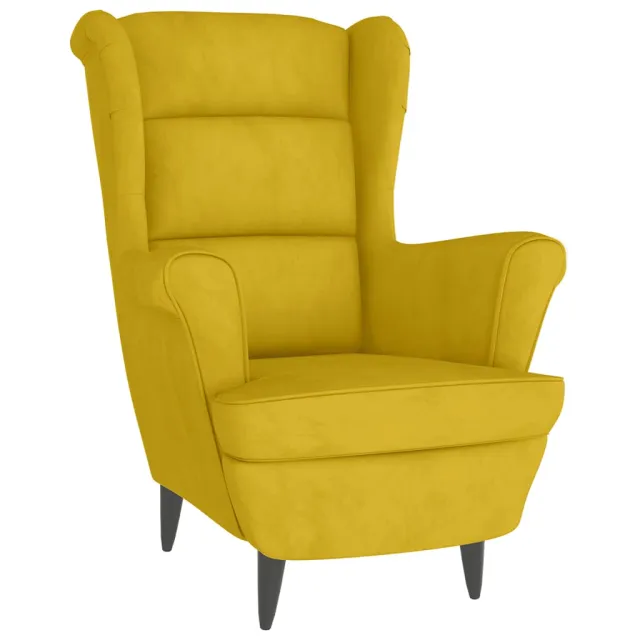 Fauteuil à oreilles avec tabouret jaune moutarde velours