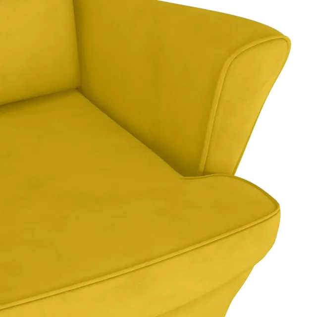 Fauteuil à oreilles avec tabouret jaune moutarde velours