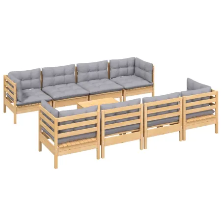 Salon de jardin 9 pcs avec coussins gris bois de pin massif
