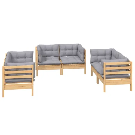 Salon de jardin 6 pcs avec coussins gris Bois de pin massif