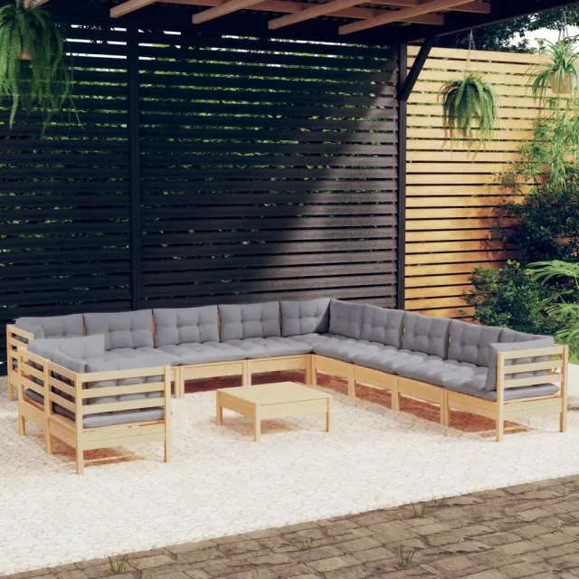 Salon de jardin 12 pcs avec coussins gris Bois de pin massif