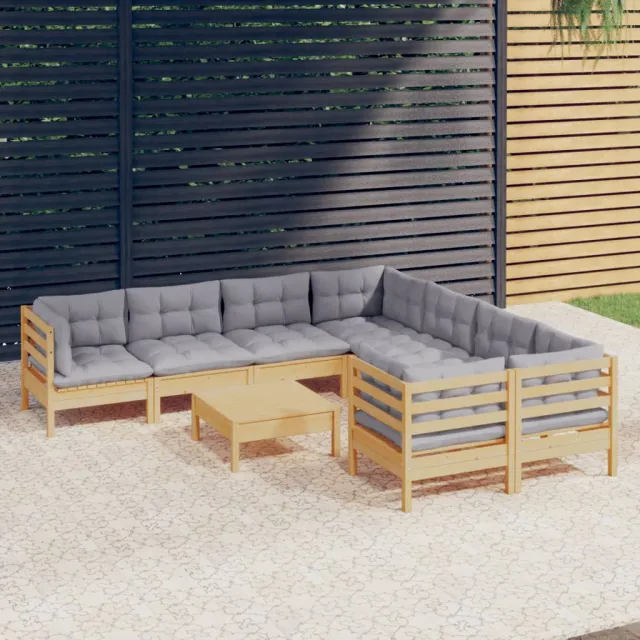 Salon de jardin 9 pcs avec coussins gris bois de pin