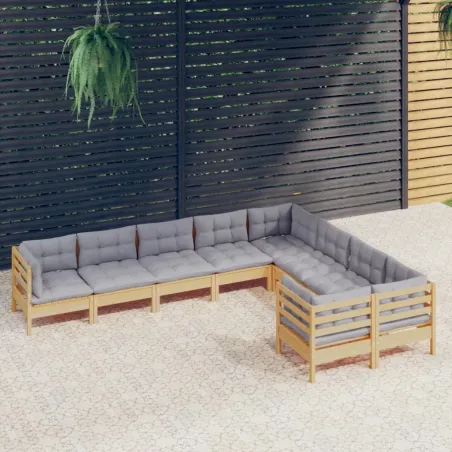 Salon de jardin 9 pcs avec coussins gris bois de pin