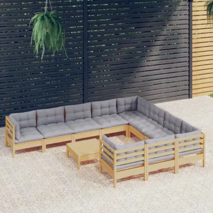 Salon de jardin 11 pcs avec coussins gris bois de pin