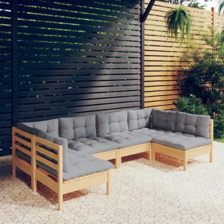 Salon de jardin 6 pcs avec coussins gris Bois de pin massif