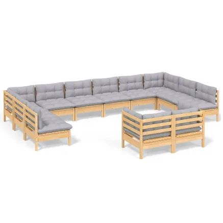 Salon de jardin 12 pcs avec coussins gris Bois de pin massif 2
