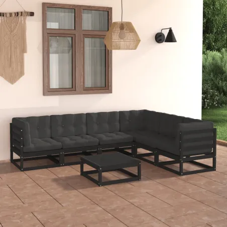 Salon de jardin 7 pcs avec coussins noir bois de pin massif