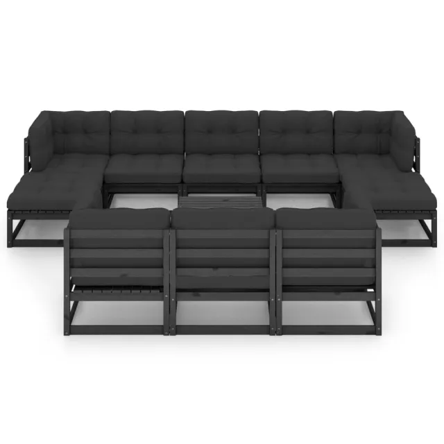 Salon de jardin 11 pcs avec coussins Noir Bois de pin massif