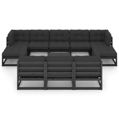 Salon de jardin 11 pcs avec coussins Noir Bois de pin massif