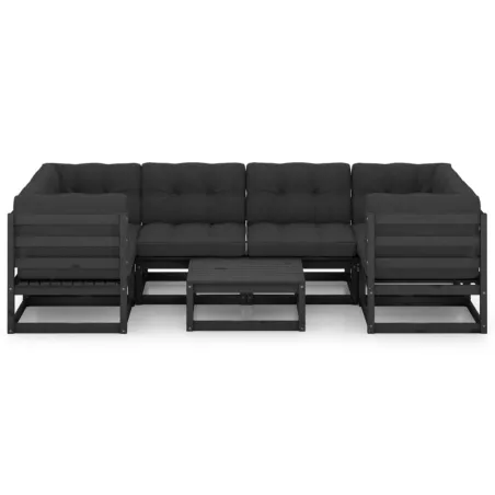 Salon de jardin 7 pcs avec coussins noir bois de pin massif