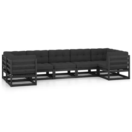 Salon de jardin 7 pcs avec coussins noir bois de pin massif 2