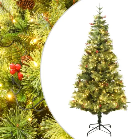 Sapin de Noël pré-éclairé et pommes de pin vert 225cm PVC et PE