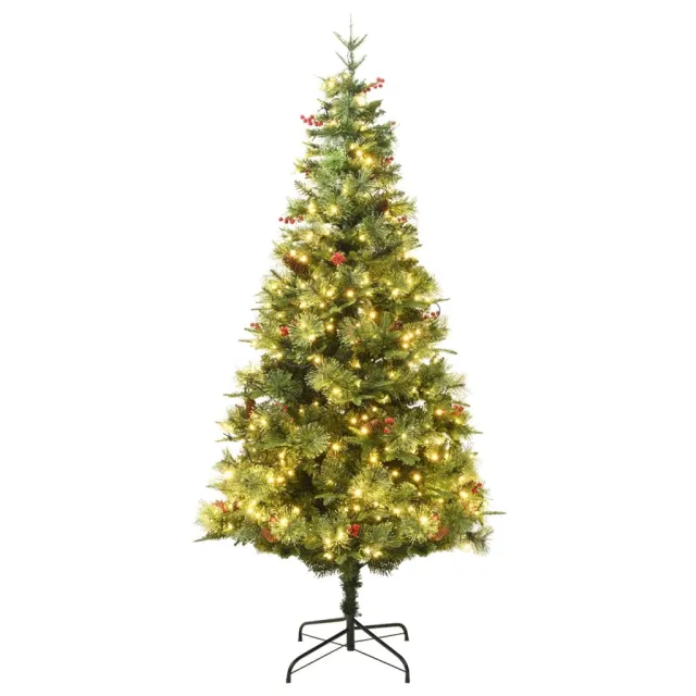 Sapin de Noël pré-éclairé et pommes de pin vert 225cm PVC et PE