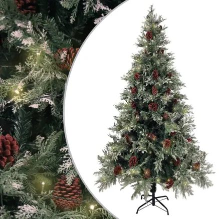 Sapin de Noël pré-éclairé pommes de pin vert blanc 195cm PVC PE