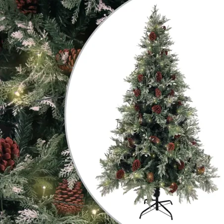 Sapin de Noël pré-éclairé pommes de pin vert blanc 195cm PVC PE