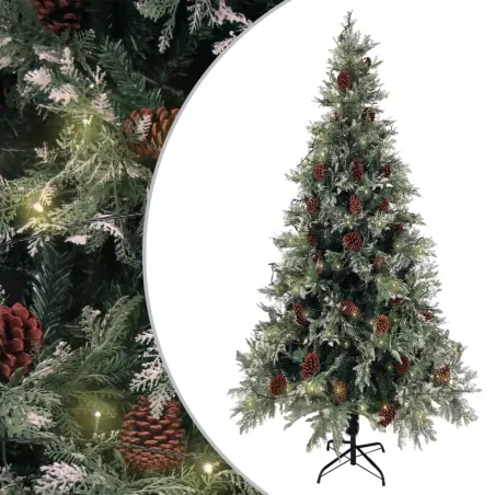 Sapin de Noël pré-éclairé pommes de pin vert blanc 225cm PVC PE
