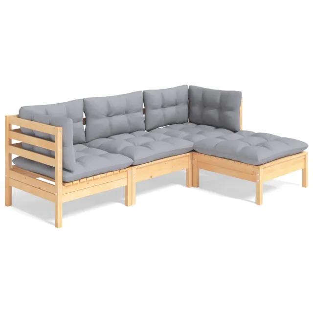 Salon de jardin 4 pcs avec coussins gris Bois de pin