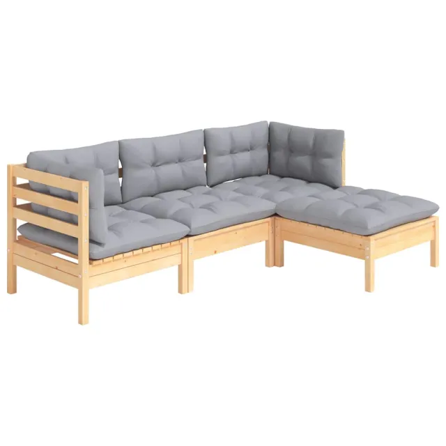Salon de jardin 4 pcs avec coussins gris Bois de pin