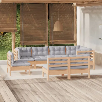 Salon de jardin 8 pcs avec coussins gris Bois de pin massif