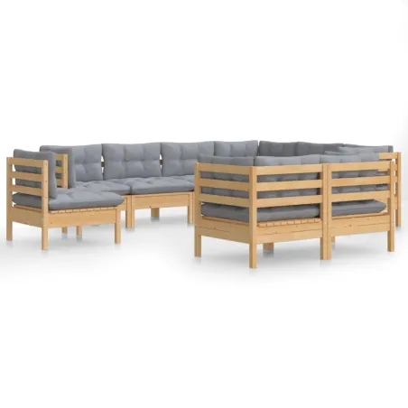 Salon de jardin 9 pcs avec coussins gris bois de pin massif