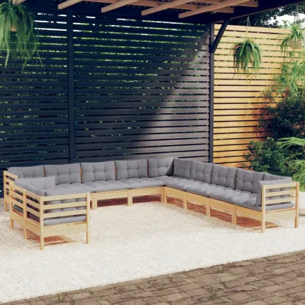 Salon de jardin 11 pcs avec coussins gris Bois de pin solide
