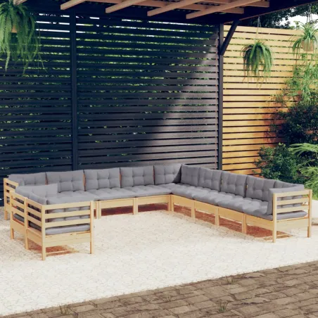 Salon de jardin 11 pcs avec coussins gris Bois de pin solide