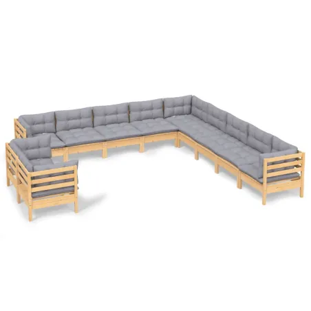Salon de jardin 11 pcs avec coussins gris Bois de pin solide